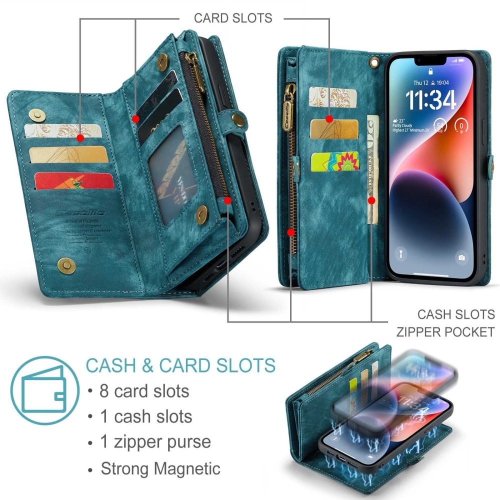 iPhone 13 Rymligt plånboksfodral med många kortfack, blå