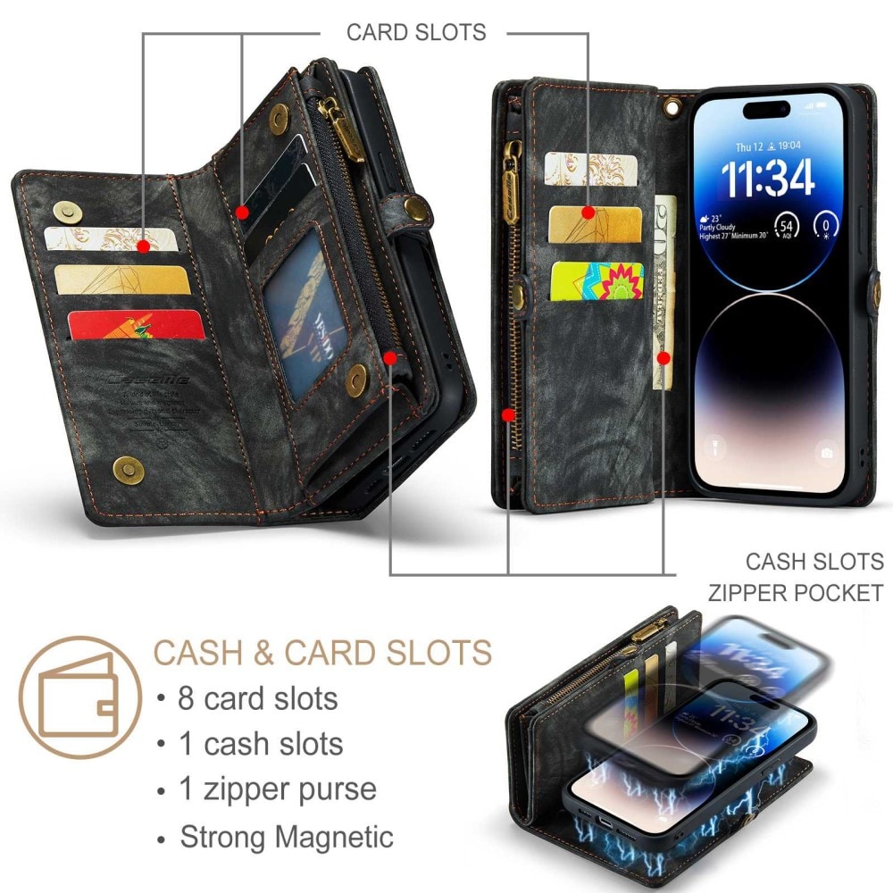 iPhone 13 Pro Max Rymligt plånboksfodral med många kortfack, Grå