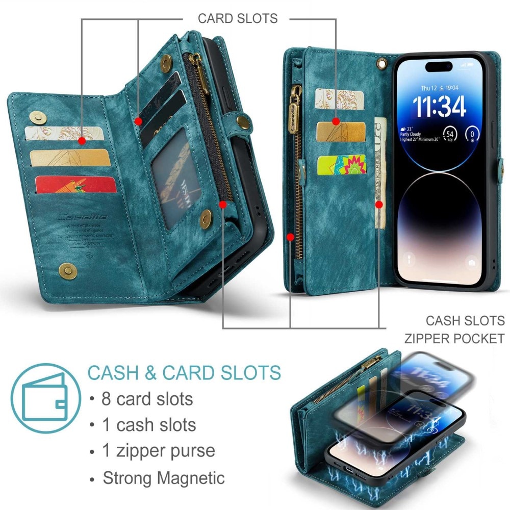 iPhone 13 Pro Max Rymligt plånboksfodral med många kortfack, blå
