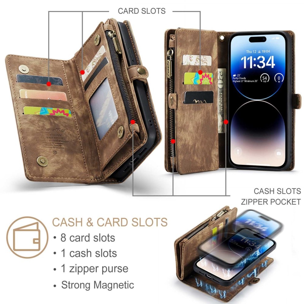 iPhone 13 Pro Rymligt plånboksfodral med många kortfack, brun