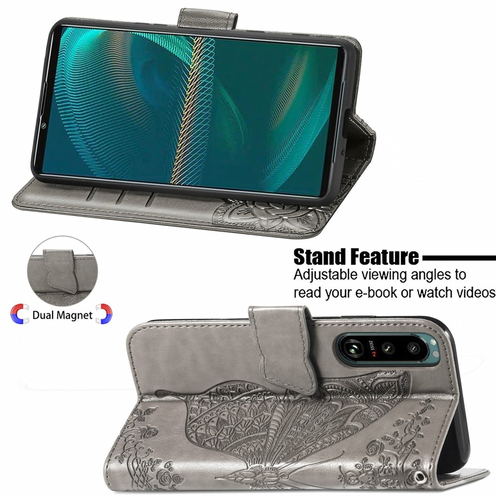 Sony Xperia 5 III Mobilfodral med fjärilar, grå