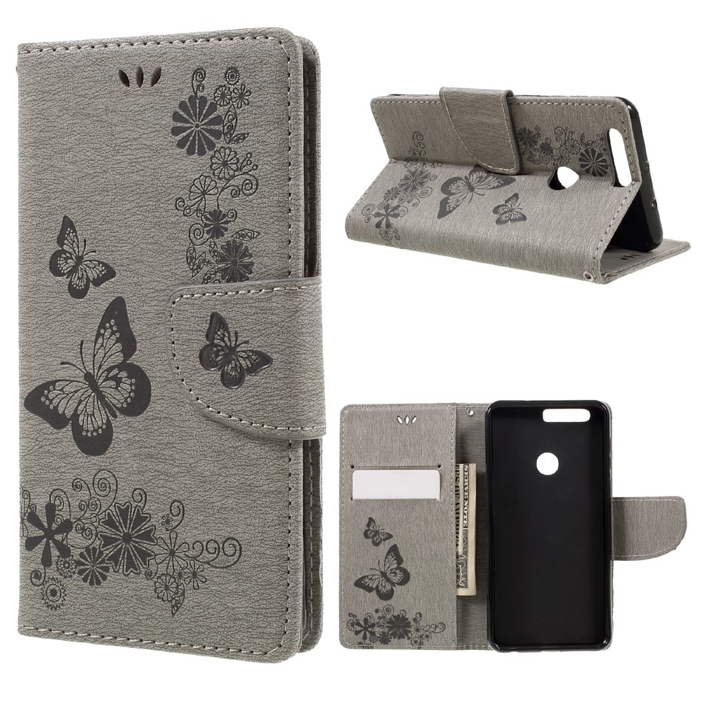 Huawei Honor 8 Mobilfodral med fjärilar, grå