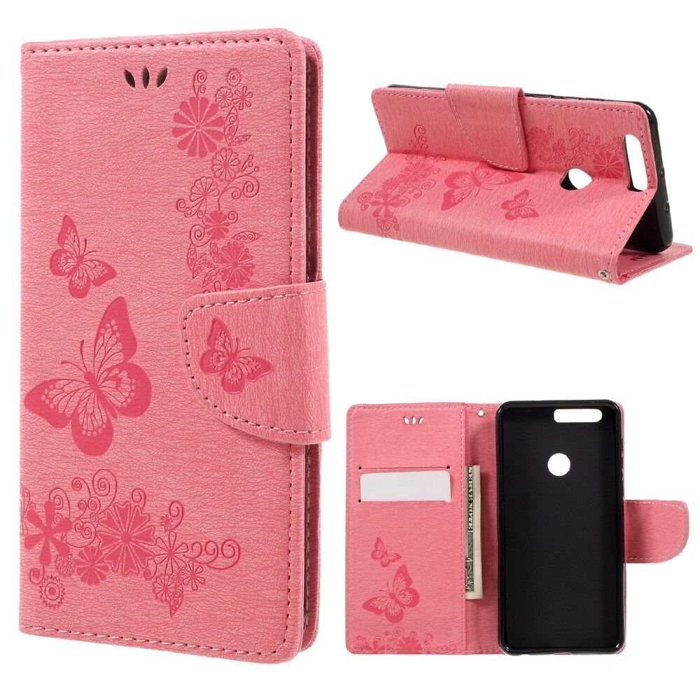 Huawei Honor 8 Mobilfodral med fjärilar, Rosa