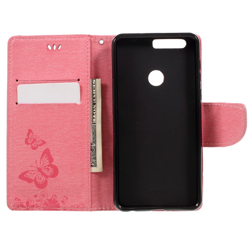 Huawei Honor 8 Mobilfodral med fjärilar, Rosa
