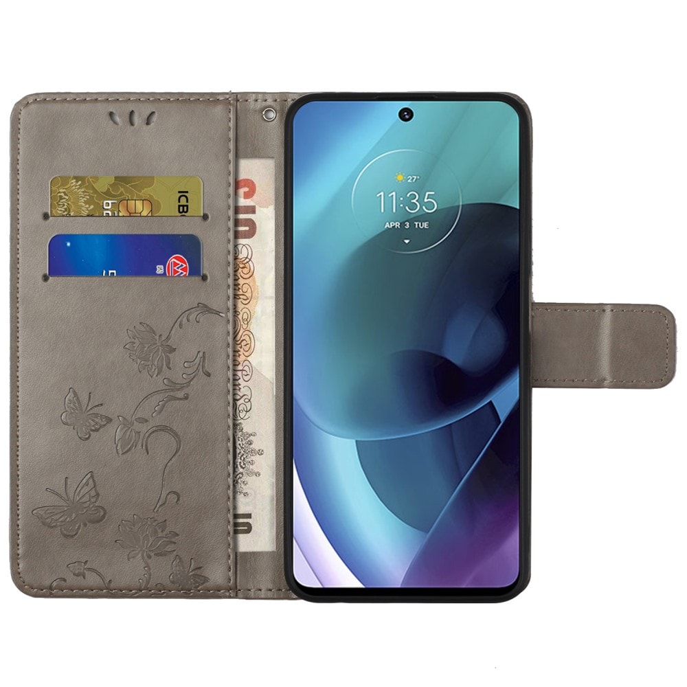 Motorola Moto G51 Mobilfodral med fjärilar, Grå
