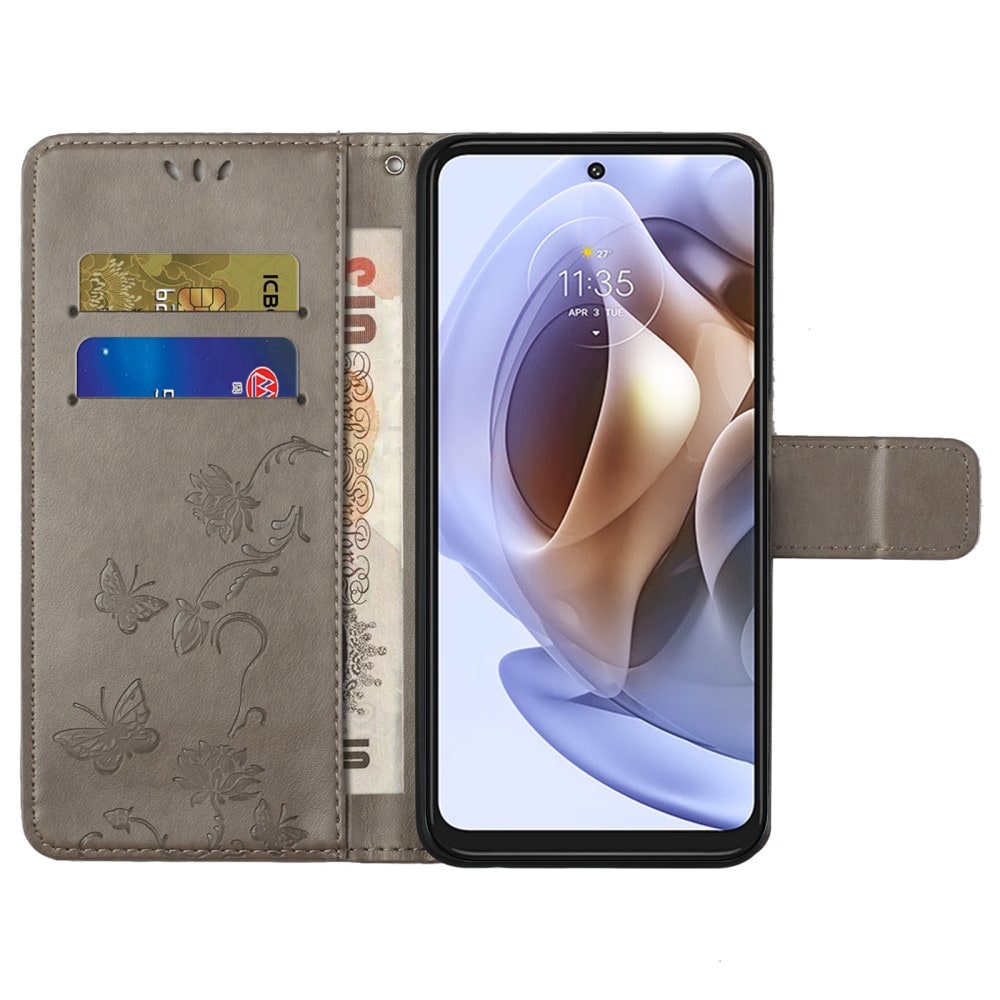 Motorola Moto G31/Moto G41 Mobilfodral med fjärilar, Grå