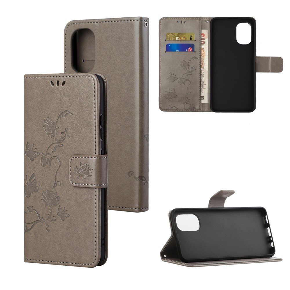 Motorola Moto G31/Moto G41 Mobilfodral med fjärilar, Grå