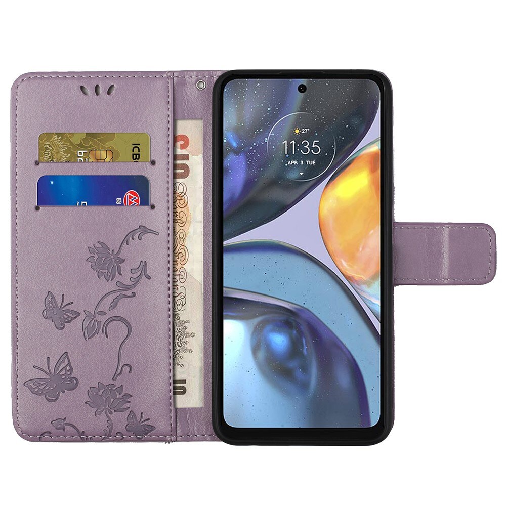 Motorola Moto G22 Mobilfodral med fjärilar, Lila