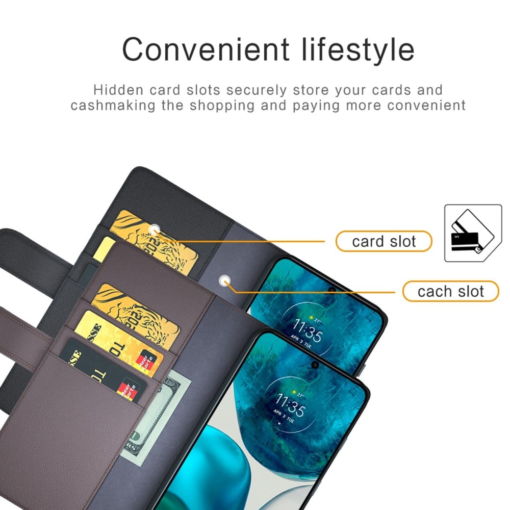 Motorola Moto G82/Moto G52 Plånboksfodral i Äkta Läder, Svart