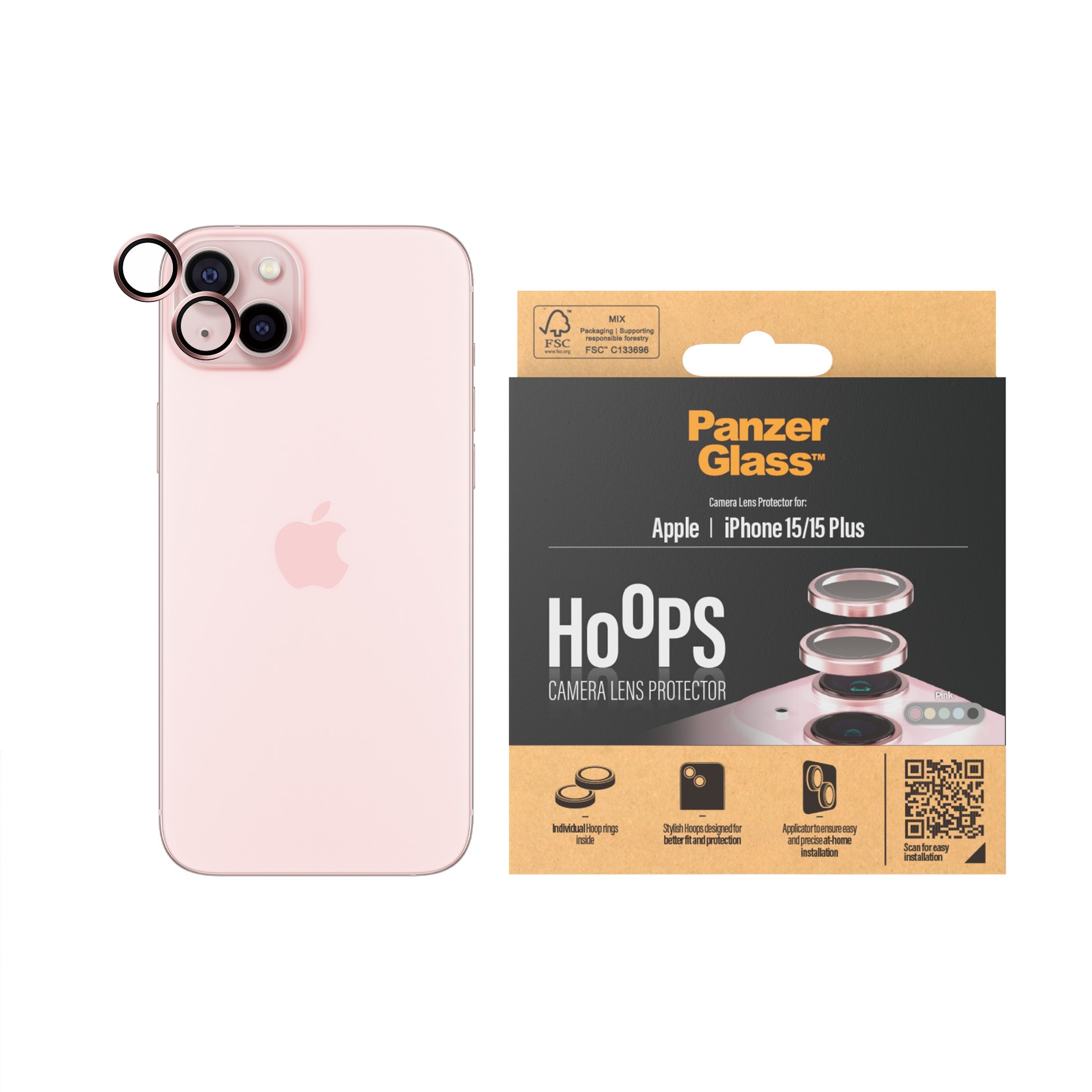 iPhone 15 Plus Hoops linsskydd med aluminiumram, rosa