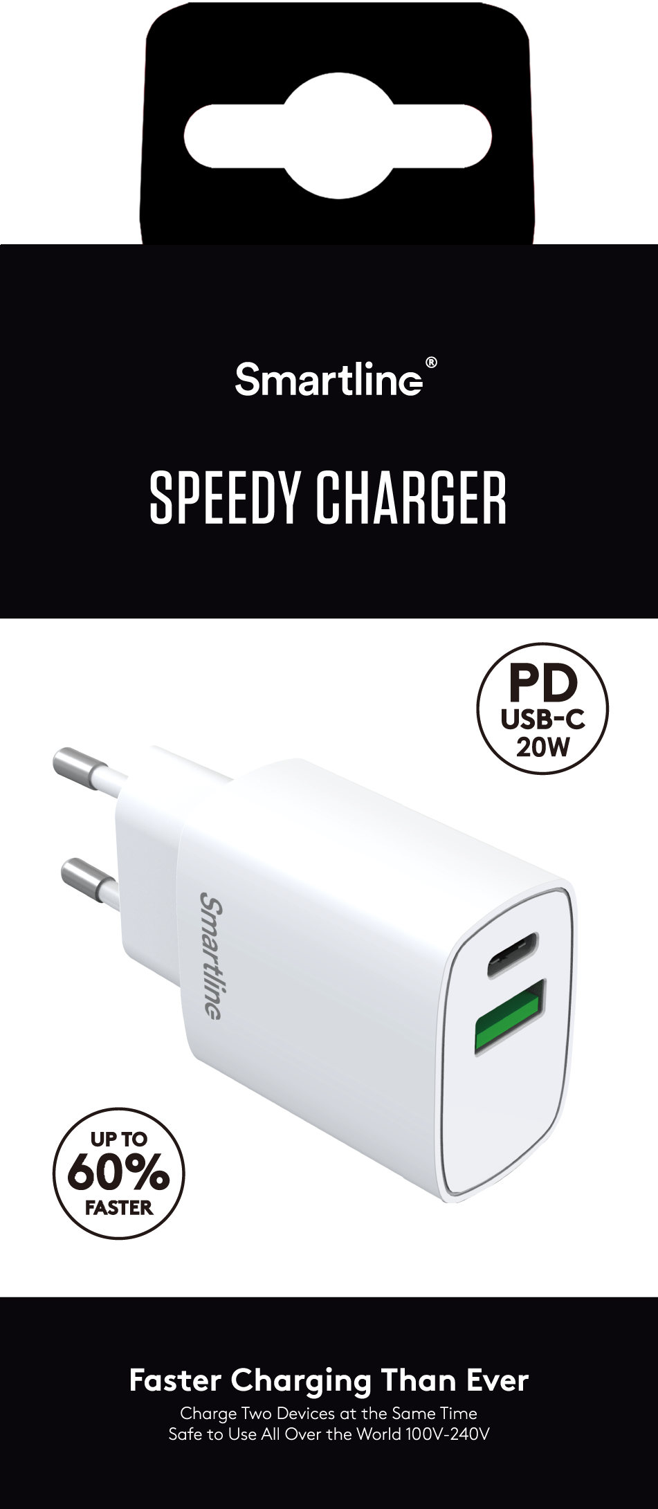 Väggladdare med USB-C + USB-A  PD 20W, vit