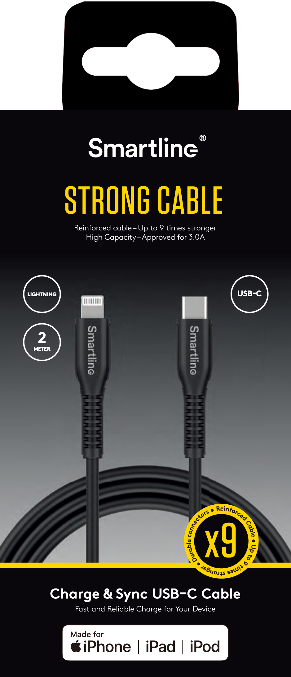 Slitstark Laddningskabel 2m USB-C till Lightning, svart