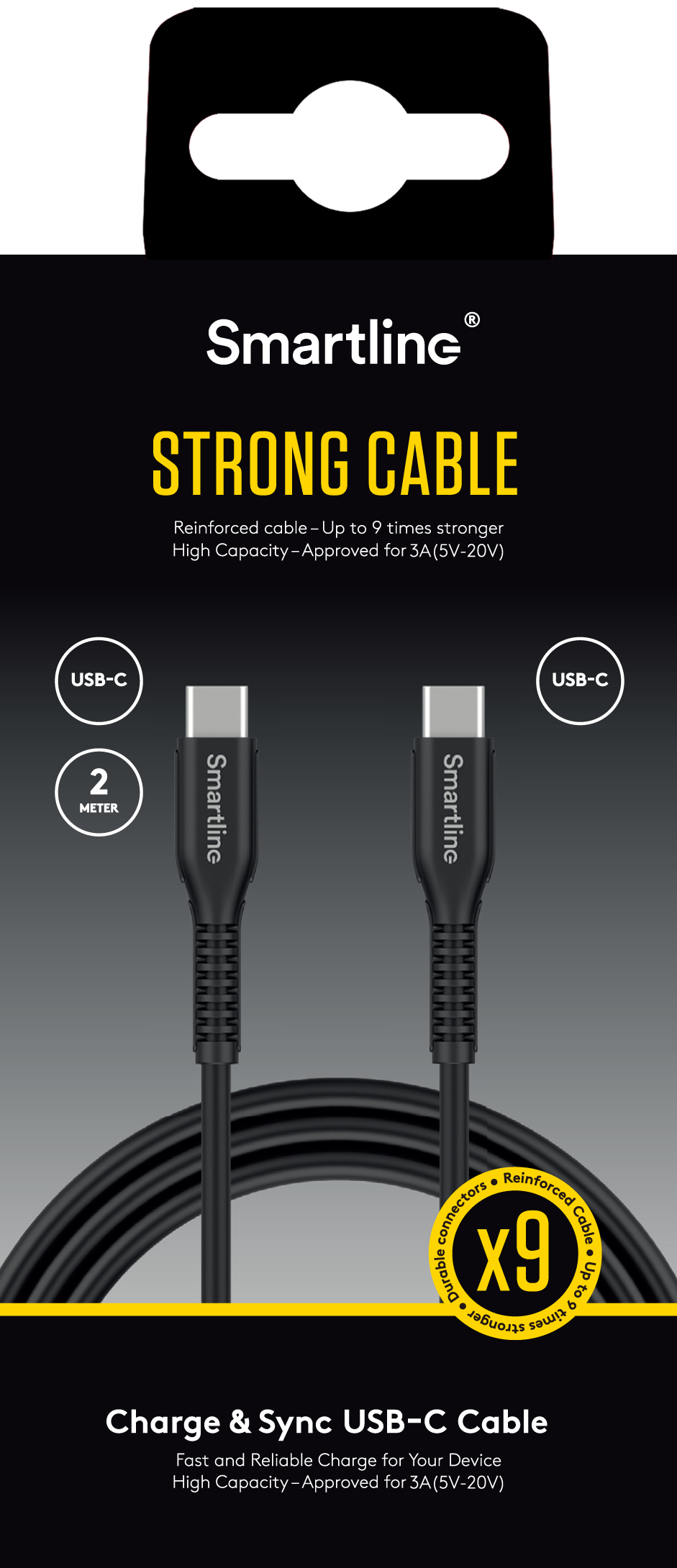 Slitstark Laddningskabel 2m USB-C till USB-C, svart