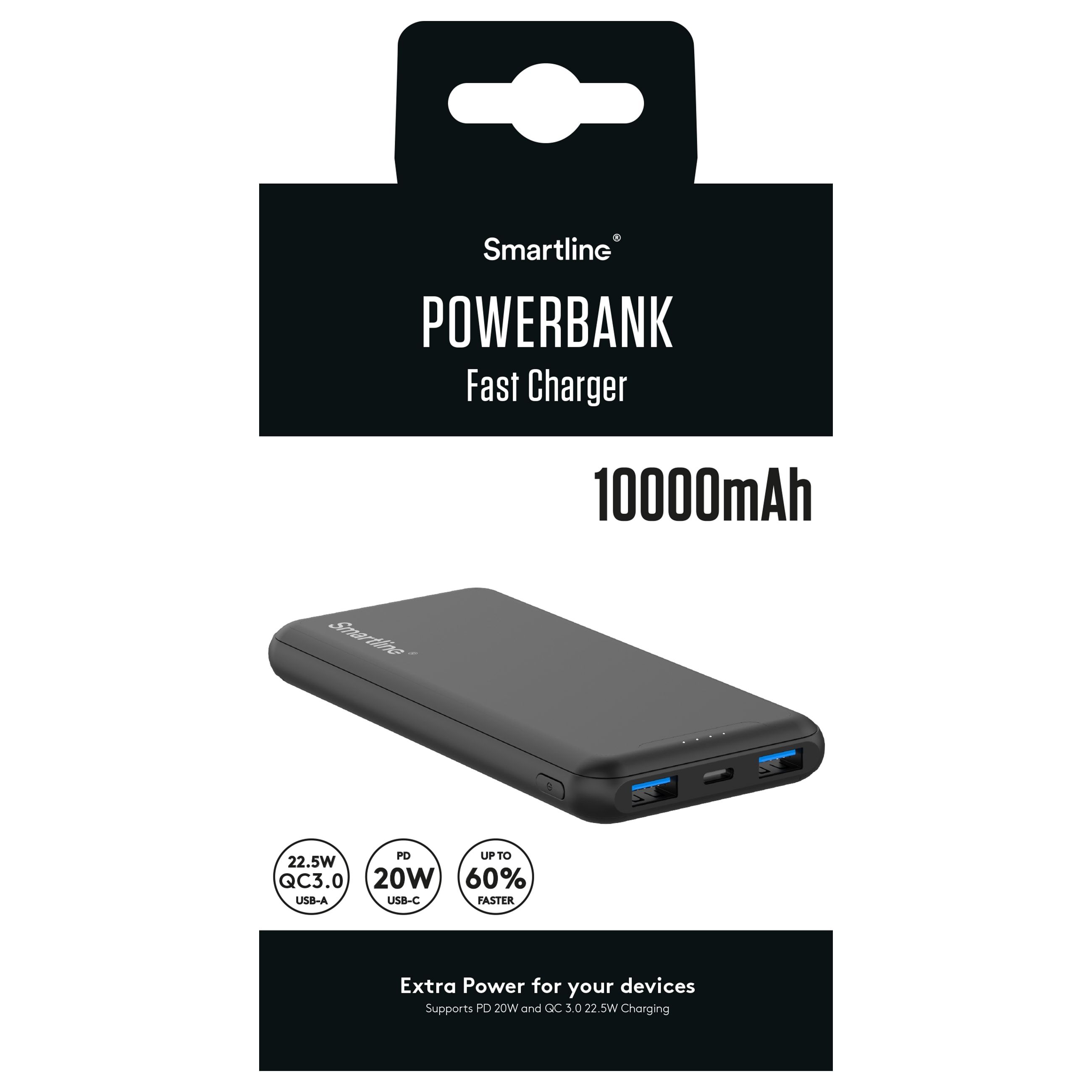 Powerbank 10000 mAh USB-A + USB-C PD, svart