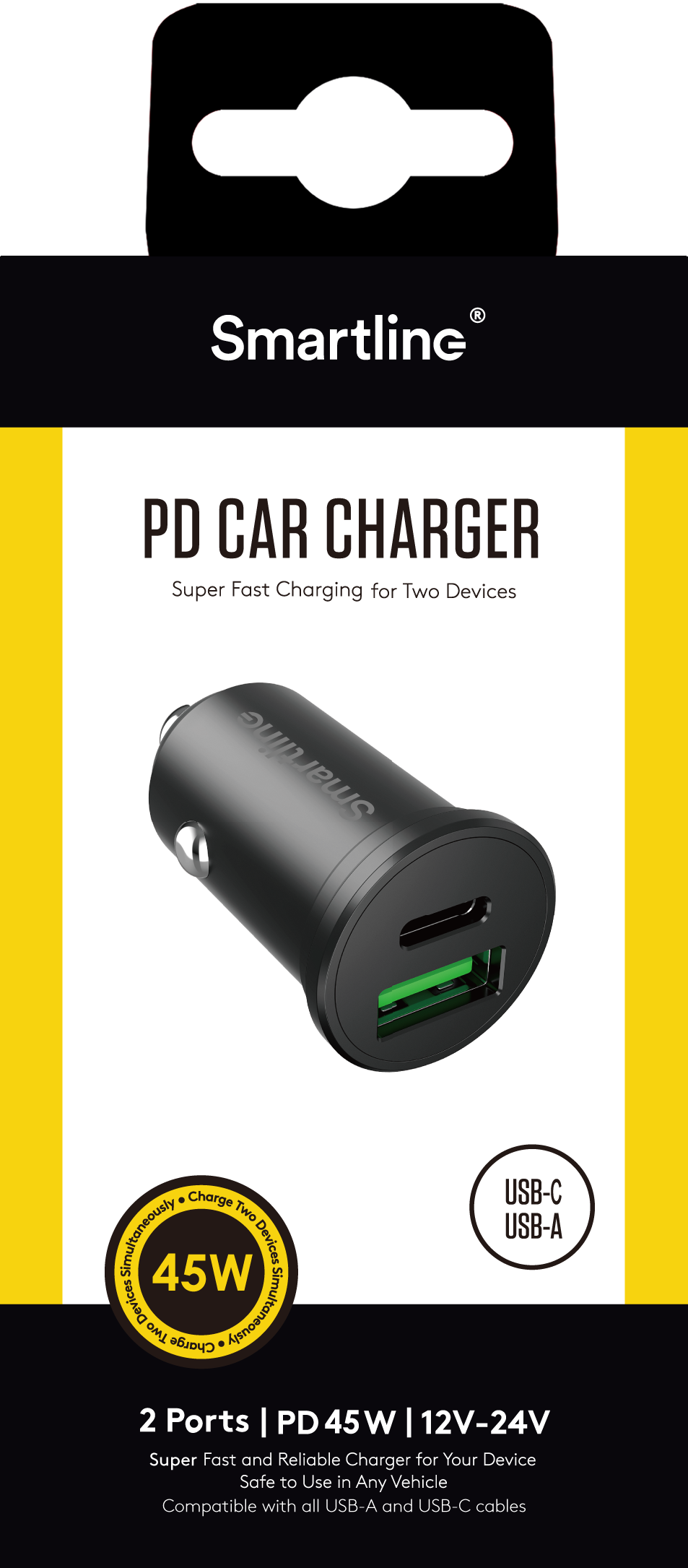 Billaddare med USB-C + USB-A Port PD 45W, svart