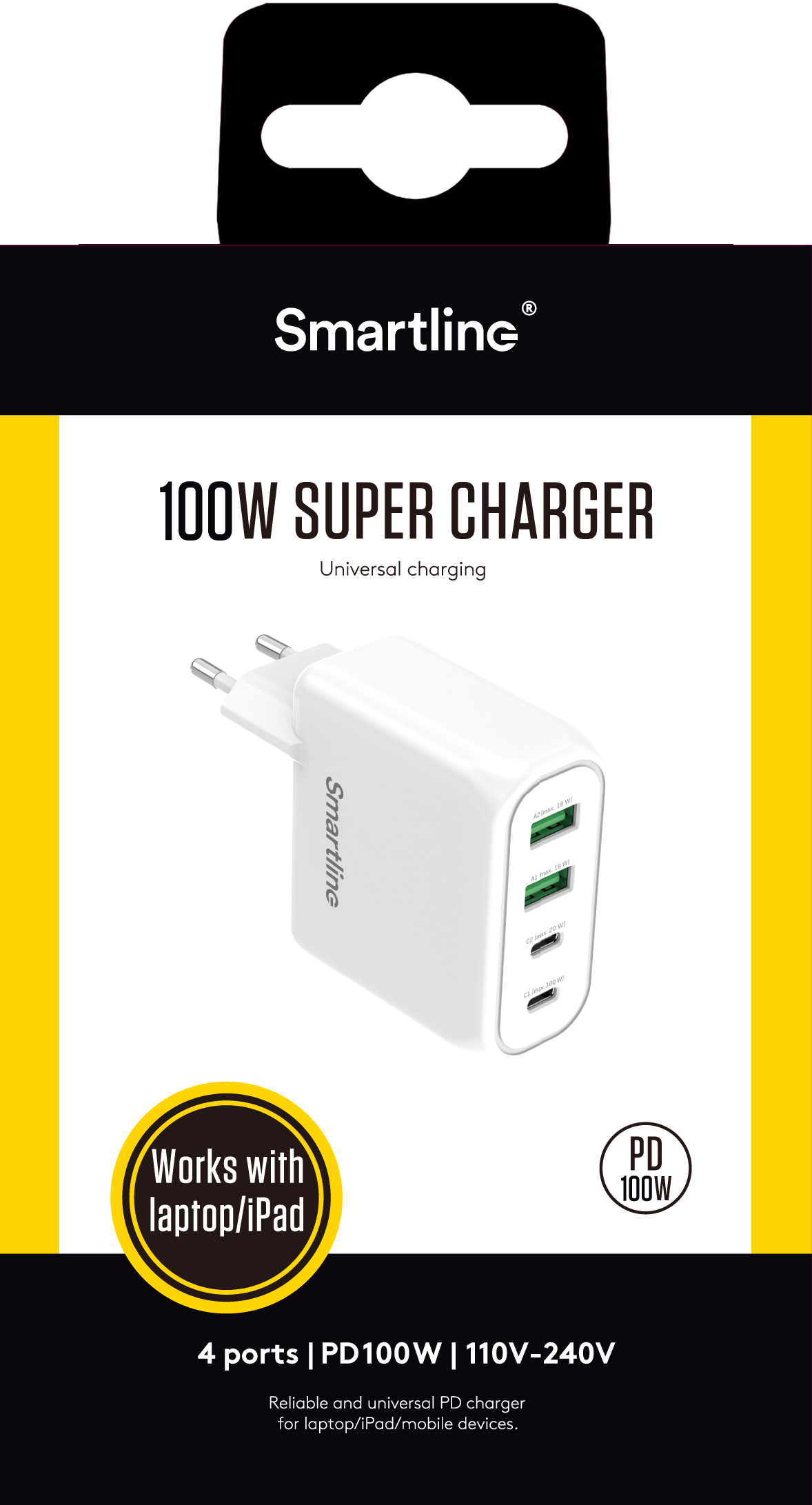 Väggladdare 100W Power Deliery 2x USB-C & 2x USB-A, vit