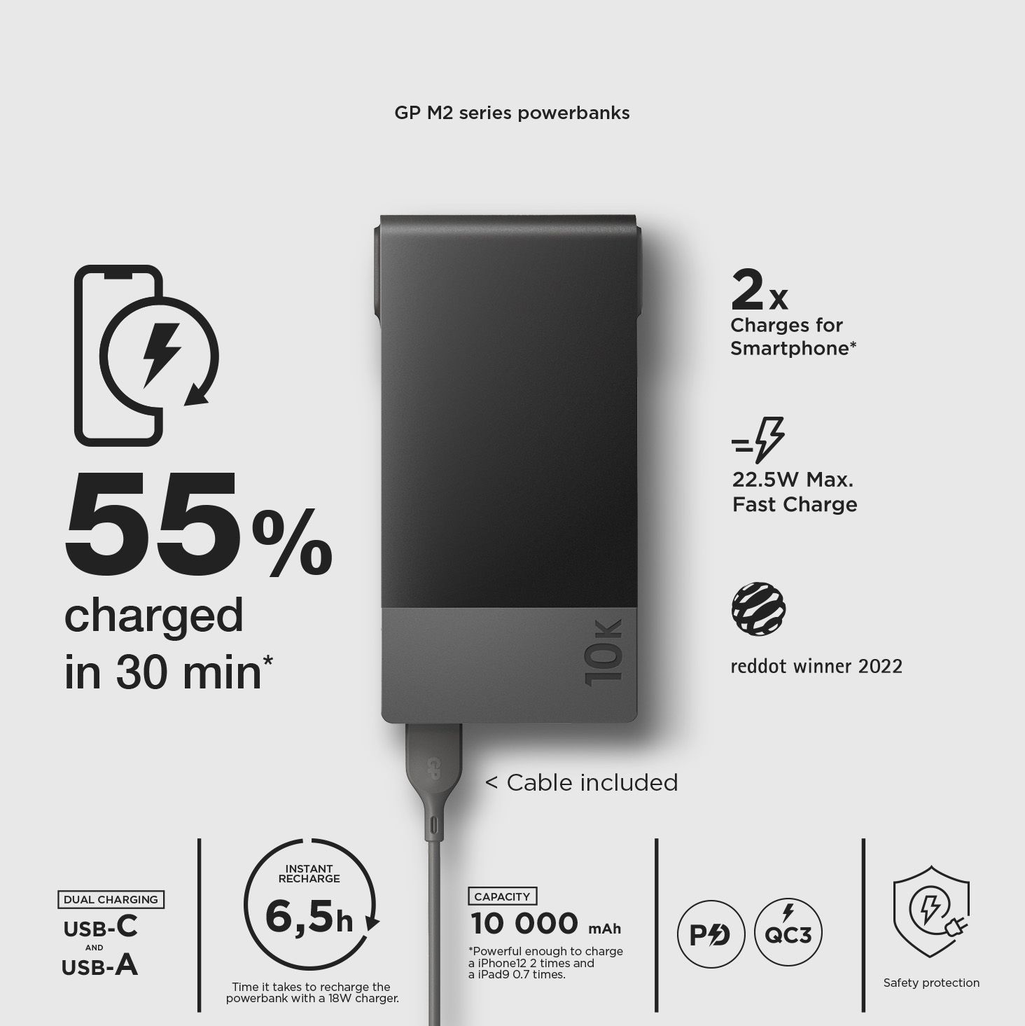 Powerbank M2 10000 mAh PD, svart