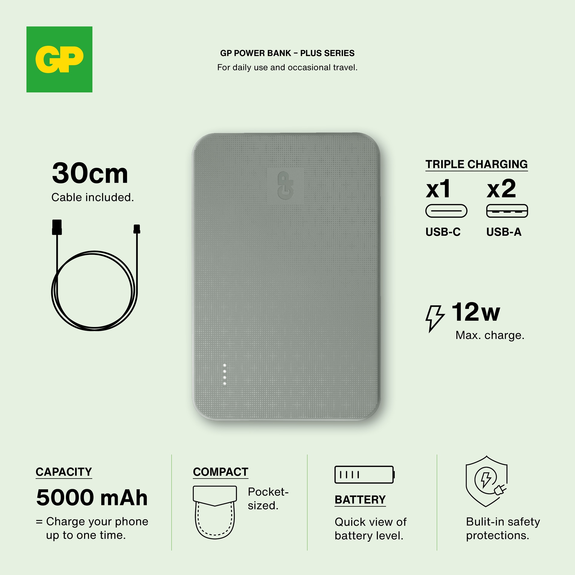 Powerbank Plus 5000 mAh, Grå