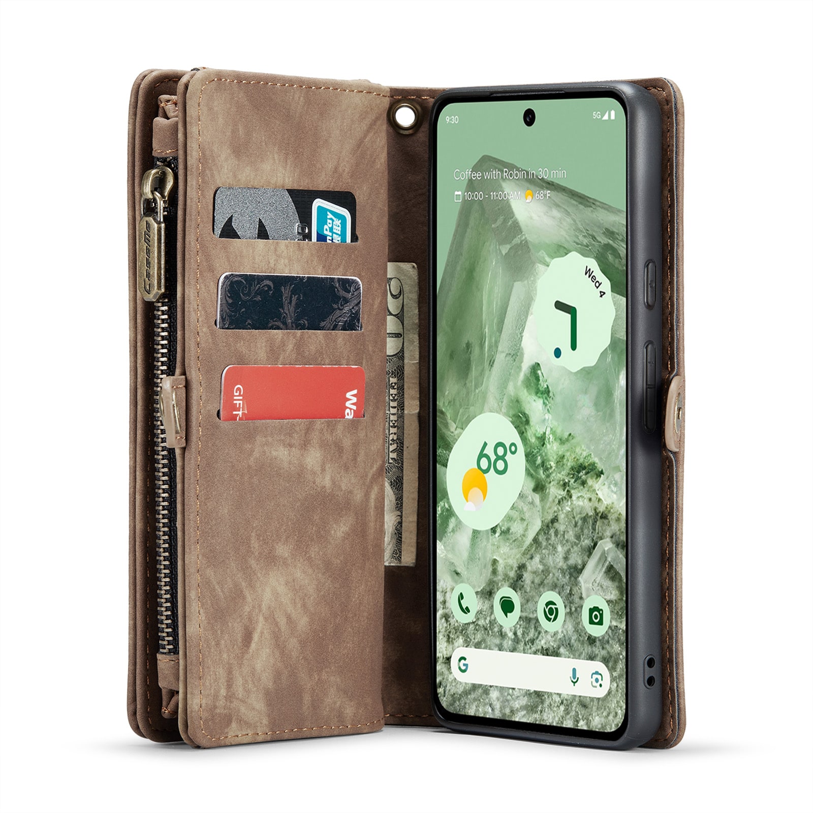 Google Pixel 8a Rymligt plånboksfodral med många kortfack, Brun