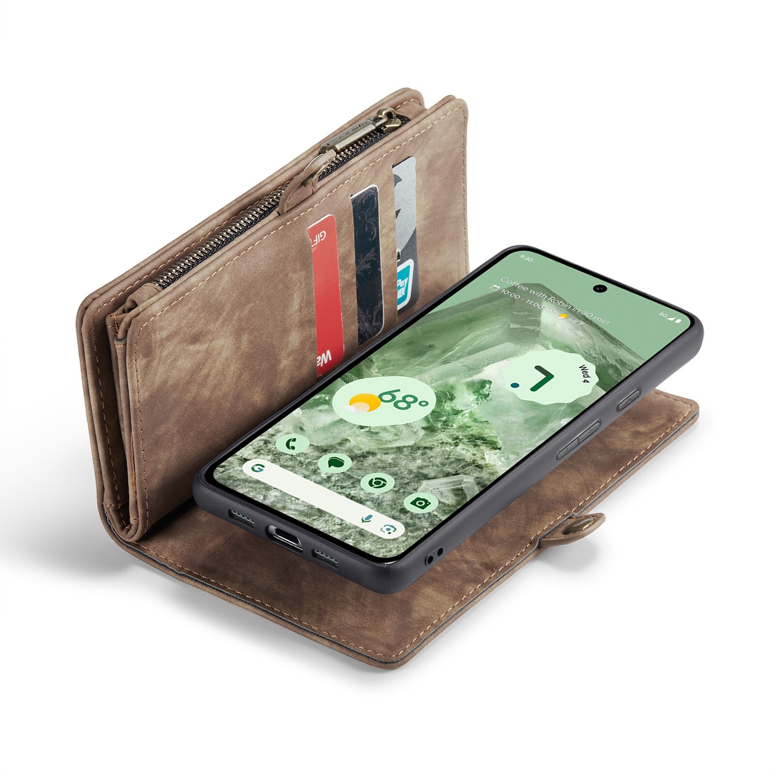Google Pixel 8a Rymligt plånboksfodral med många kortfack, Brun