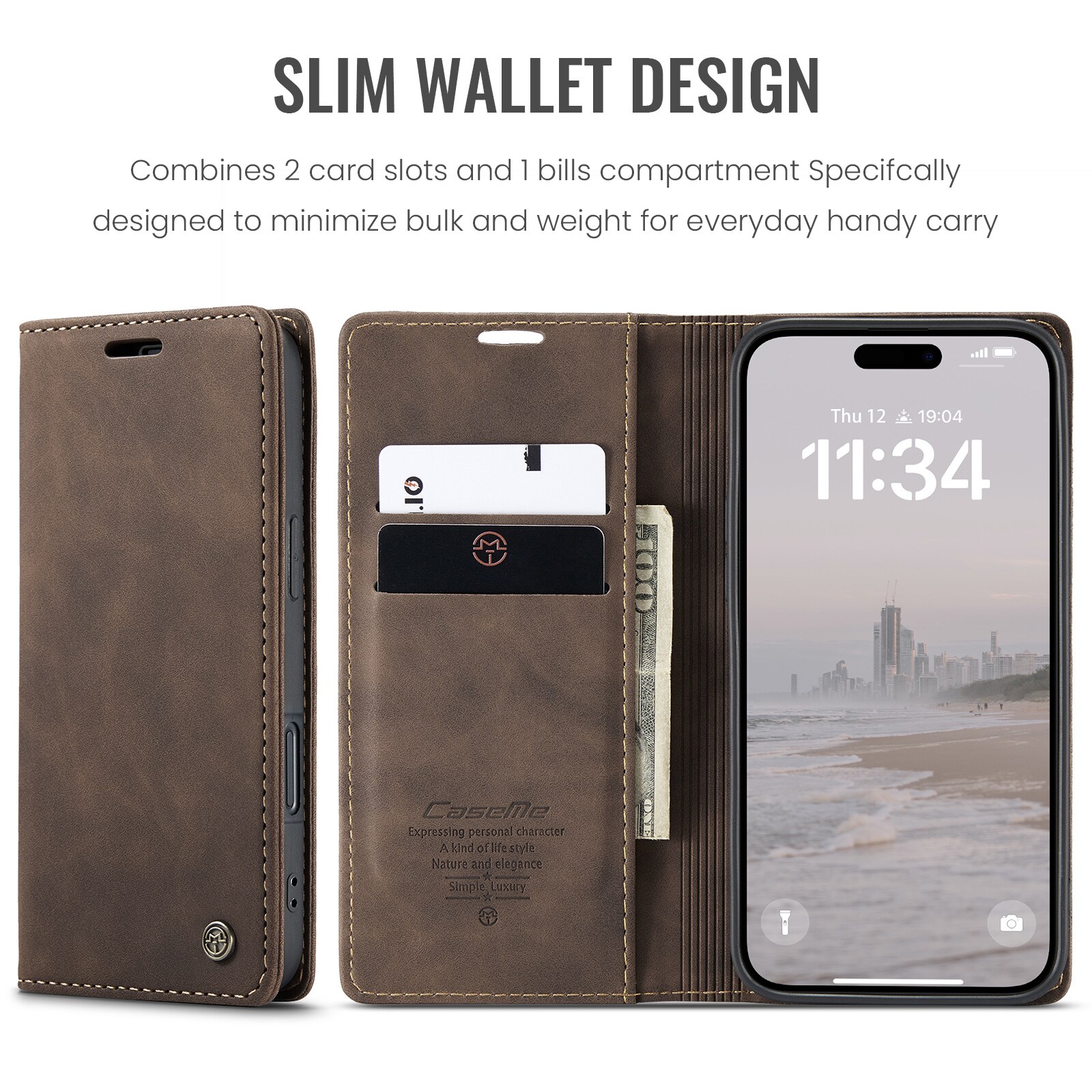iPhone 16 Slimmat plånboksfodral, Brun
