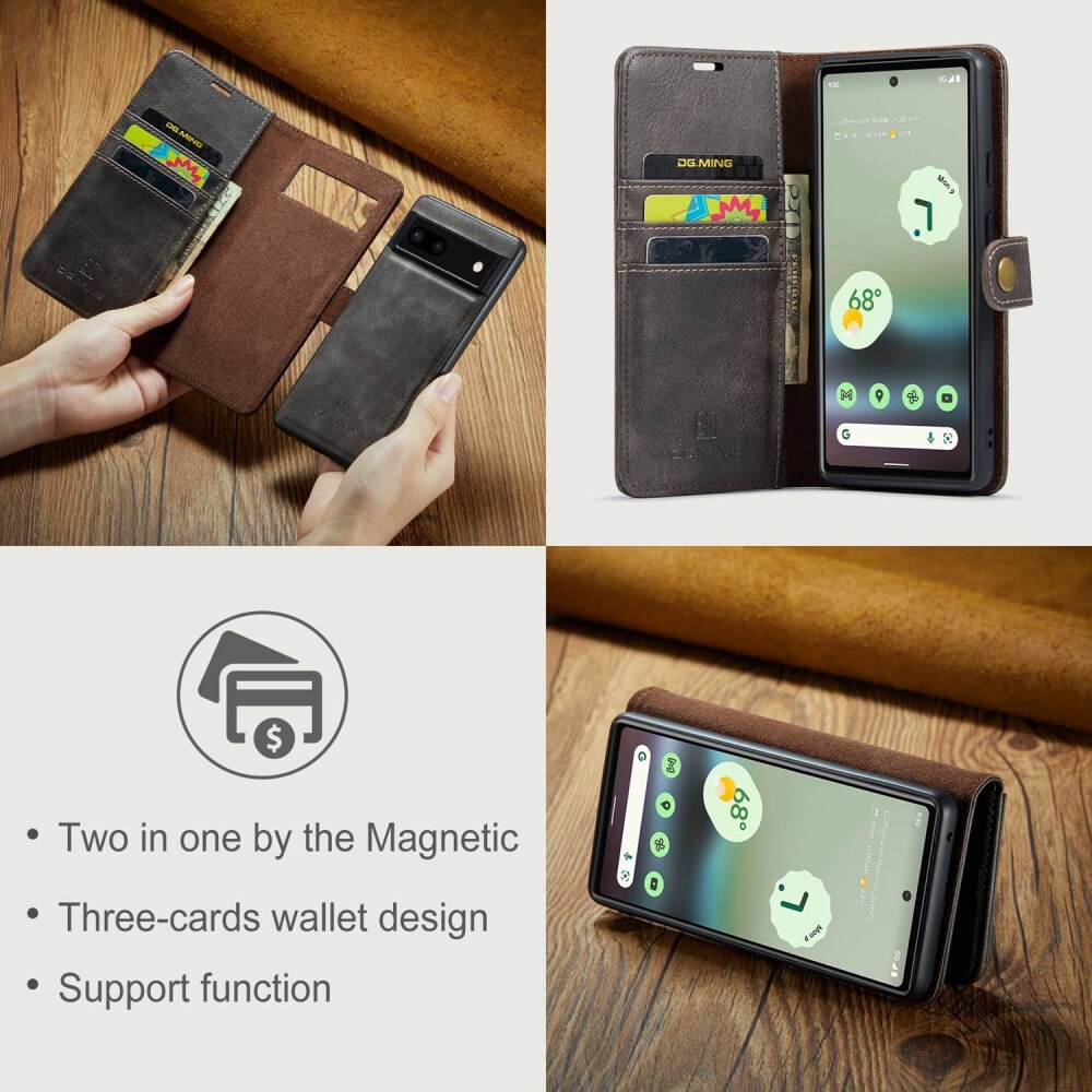 Google Pixel 6a Plånboksfodral med avtagbart skal, Brown