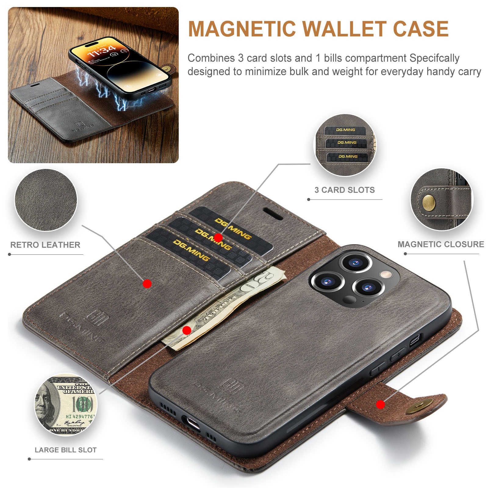 iPhone 14 Pro Max Plånboksfodral med avtagbart skal, brun