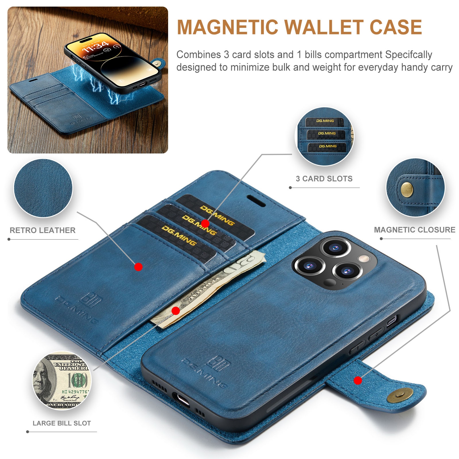 iPhone 14 Pro Plånboksfodral med avtagbart skal, blå