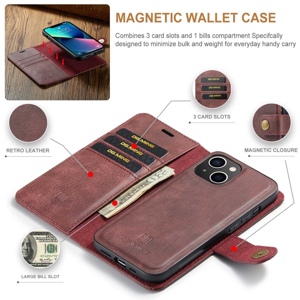 iPhone 14 Plånboksfodral med avtagbart skal, röd