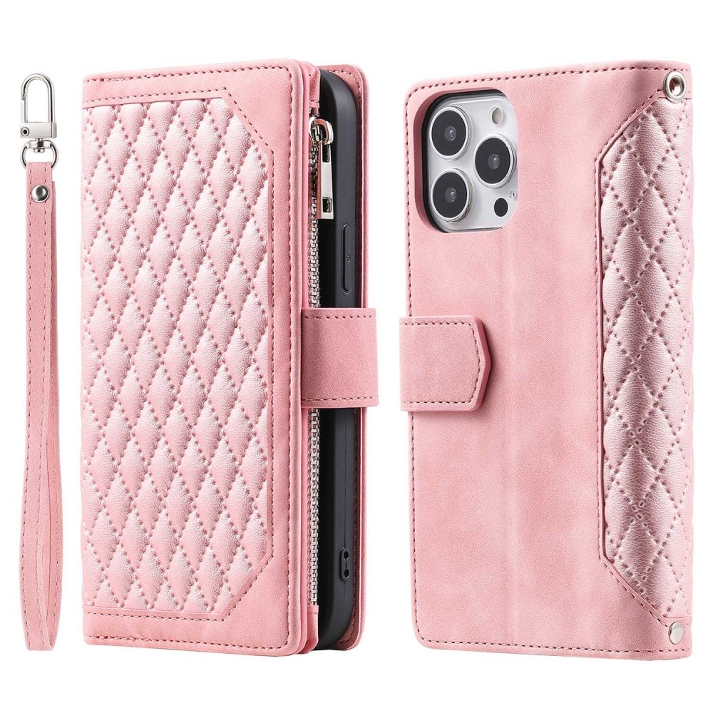 iPhone 13 Pro Quiltad plånboksväska, Rosa