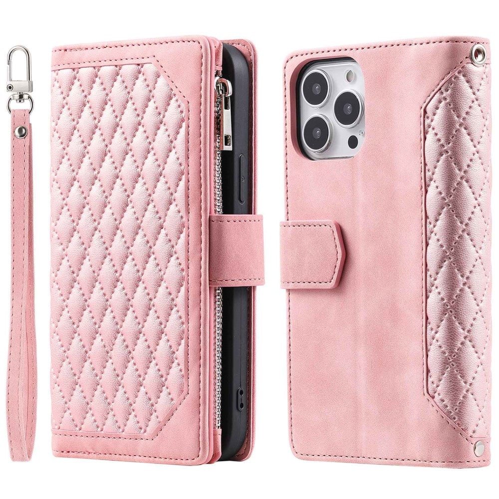 iPhone 14 Pro Max Quiltad plånboksväska, Rosa