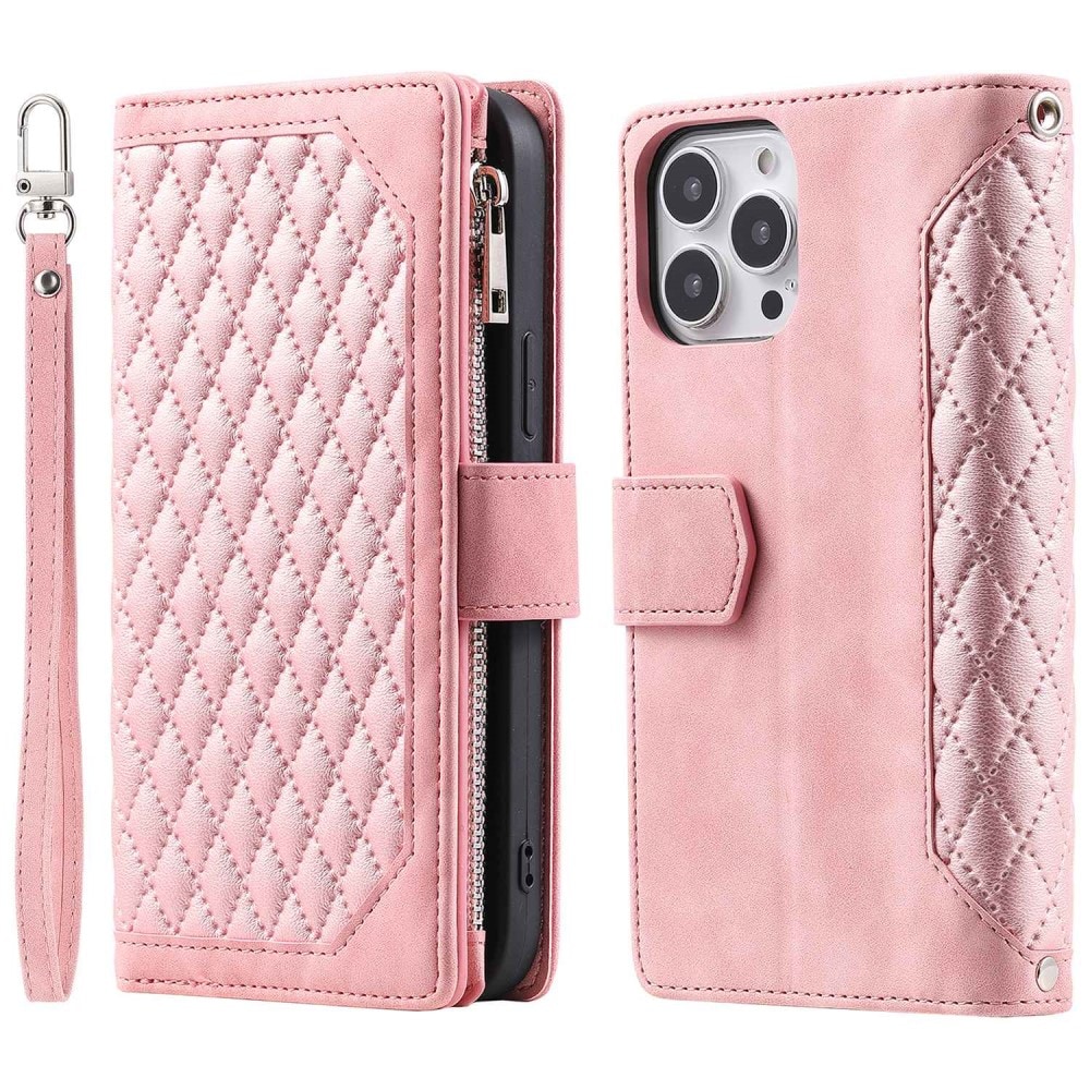 iPhone 14 Pro Quiltad plånboksväska, Rosa