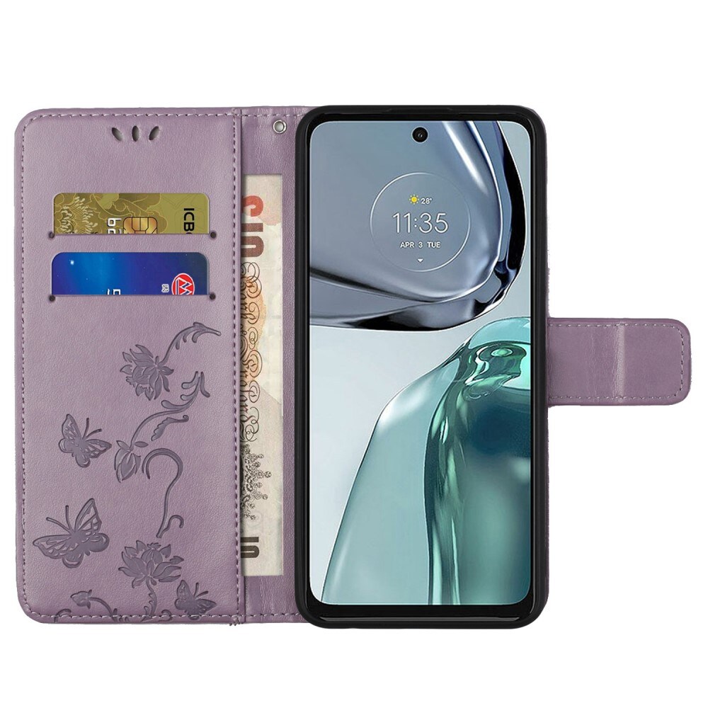 Motorola Moto G62 Mobilfodral med fjärilar, Lila