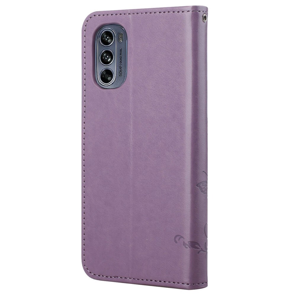 Motorola Moto G62 Mobilfodral med fjärilar, Lila