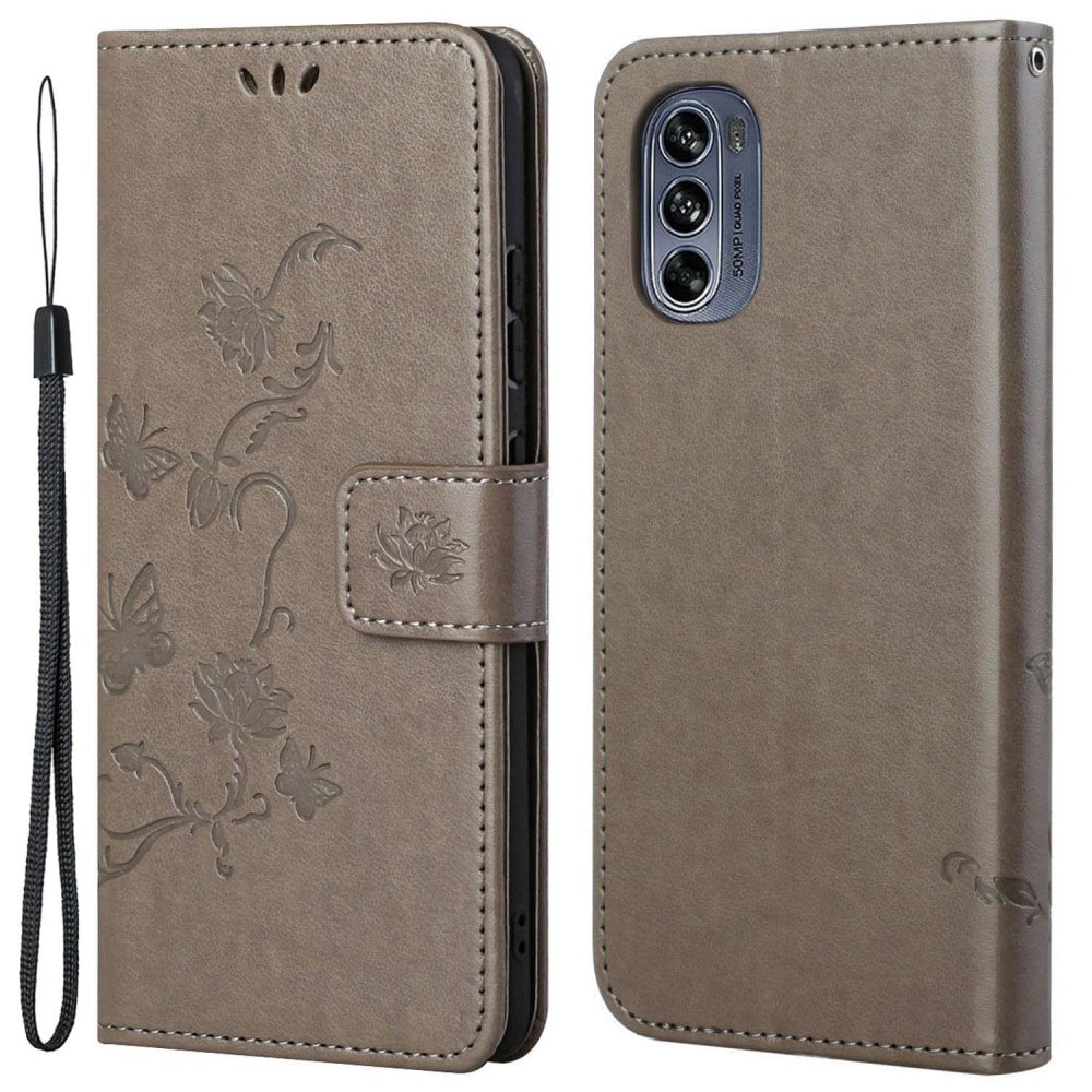 Motorola Moto G62 Mobilfodral med fjärilar, Grå