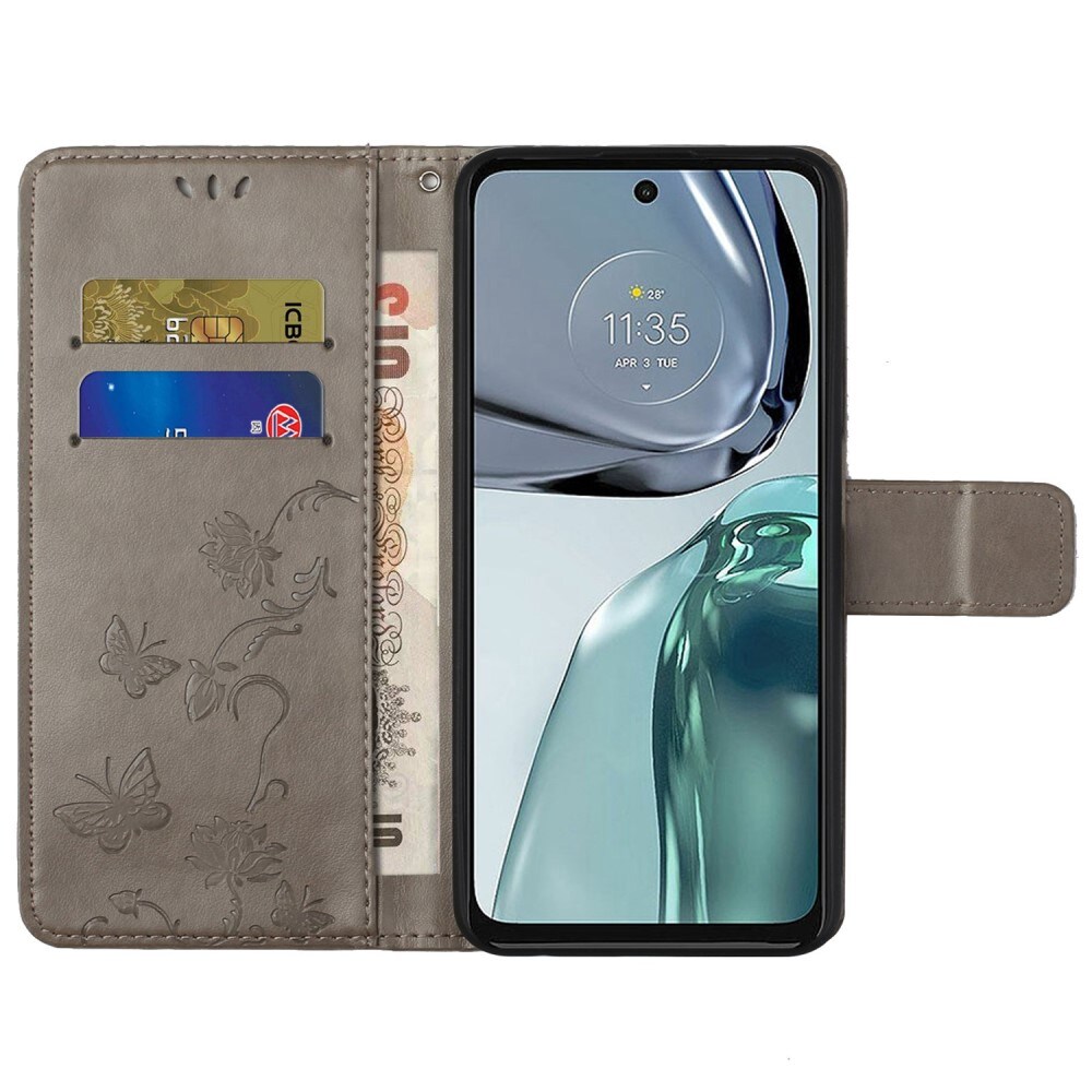Motorola Moto G62 Mobilfodral med fjärilar, Grå