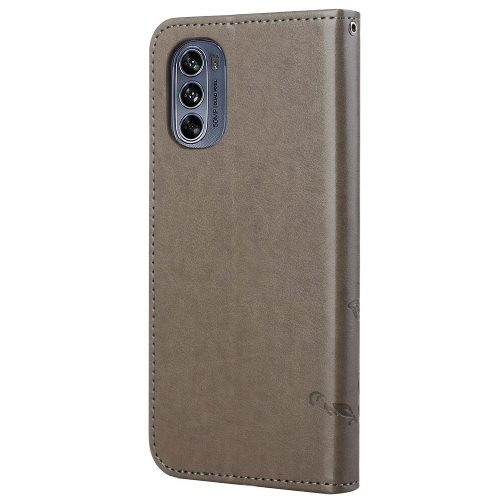 Motorola Moto G62 Mobilfodral med fjärilar, Grå