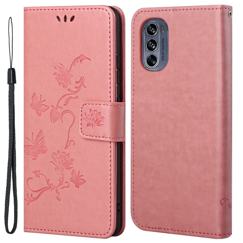 Motorola Moto G62 Mobilfodral med fjärilar, Rosa