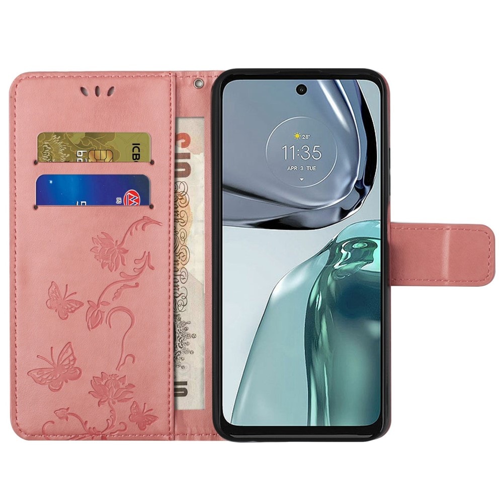 Motorola Moto G62 Mobilfodral med fjärilar, Rosa