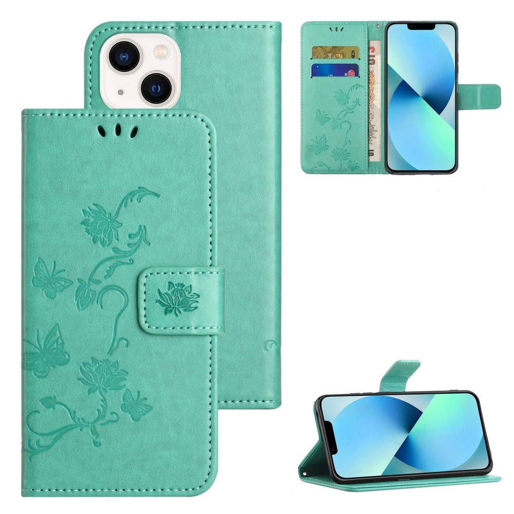 iPhone 14 Plus Mobilfodral med fjärilar, grön