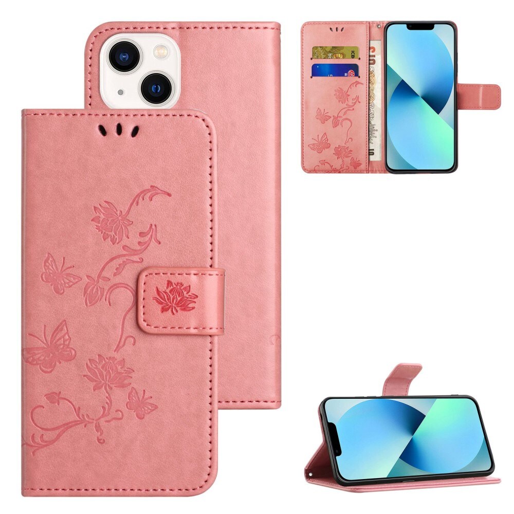 iPhone 14 Plus Mobilfodral med fjärilar, Rosa