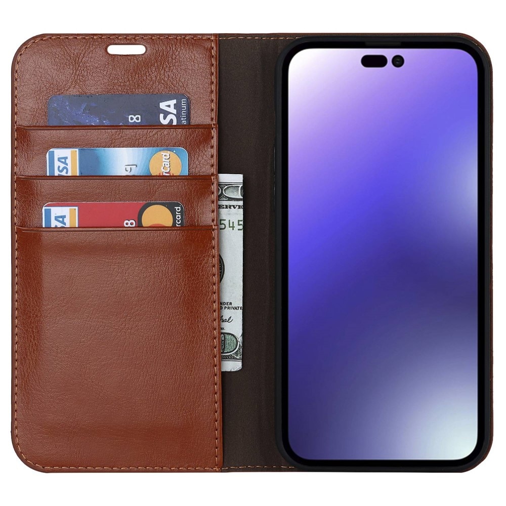 iPhone 14 Pro Max Smidigt mobilfodral i äkta läder, brun