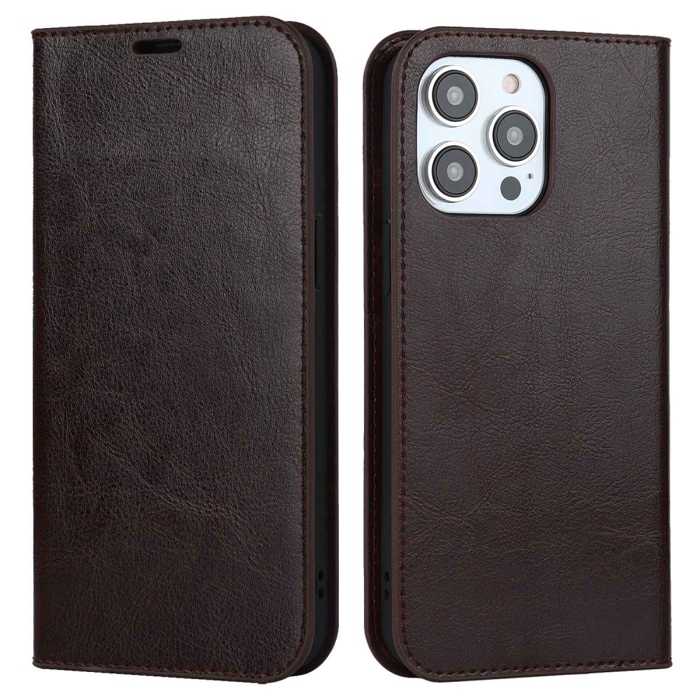 iPhone 14 Pro Smidigt mobilfodral i äkta läder, mörkbrun