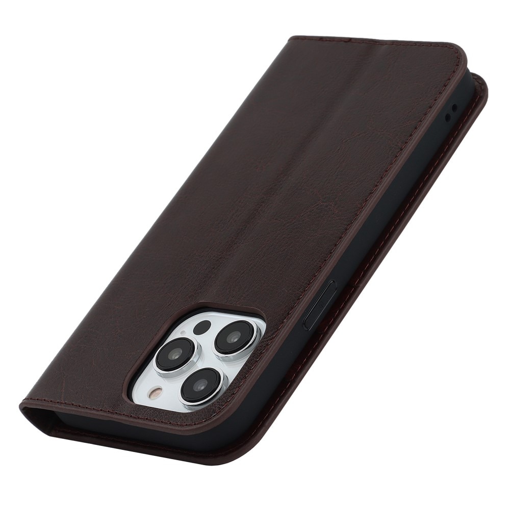 iPhone 14 Pro Smidigt mobilfodral i äkta läder, mörkbrun