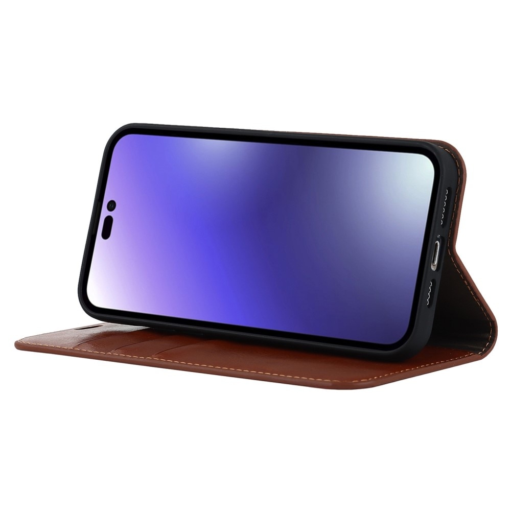 iPhone 14 Pro Smidigt mobilfodral i äkta läder, brun