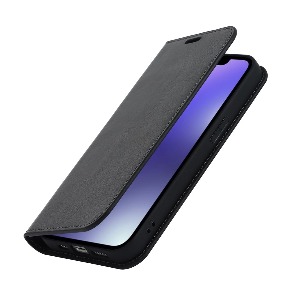 iPhone 14 Smidigt mobilfodral i äkta läder, svart