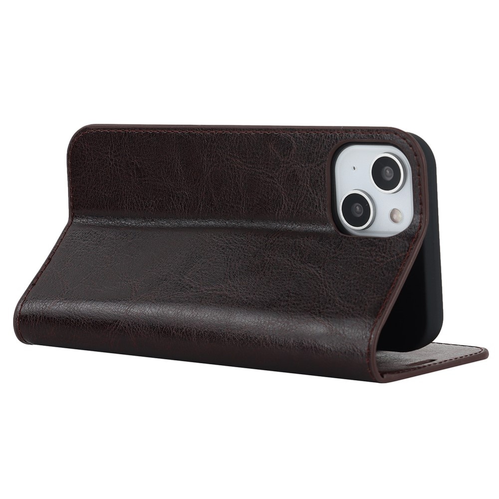 iPhone 14 Smidigt mobilfodral i äkta läder, mörkbrun