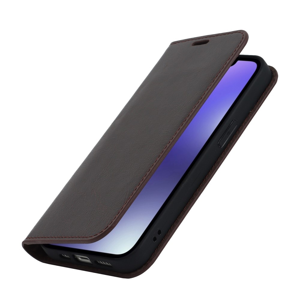 iPhone 14 Smidigt mobilfodral i äkta läder, mörkbrun