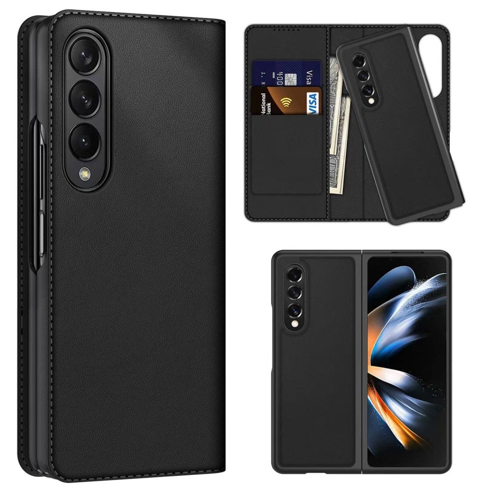 Samsung Galaxy Z Fold 4 Plånboksfodral i Äkta Läder, svart
