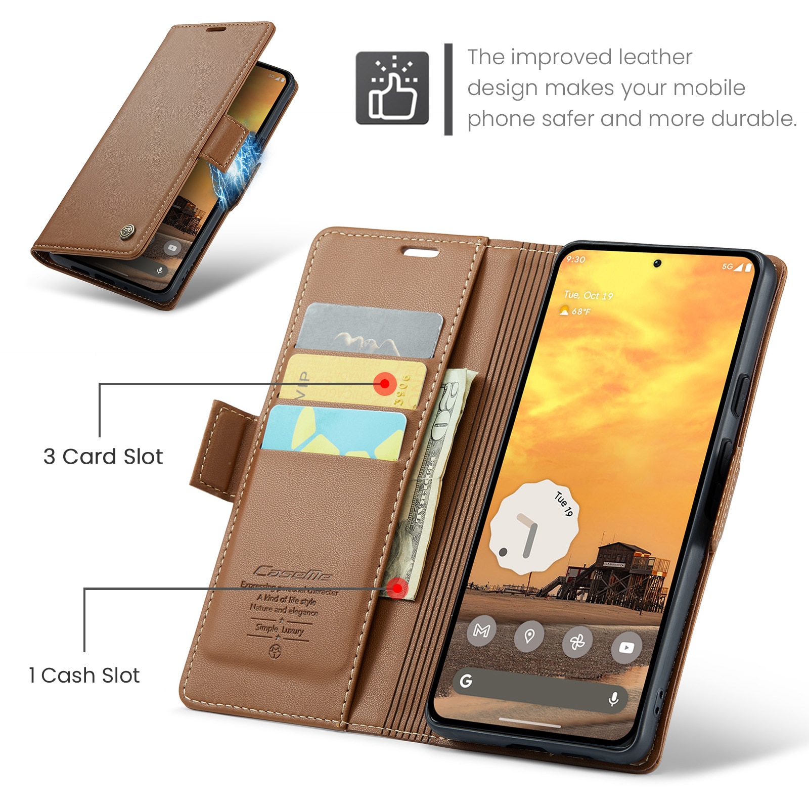 Google Pixel 10 Pro Slimmat RFID-plånboksfodral, Brun